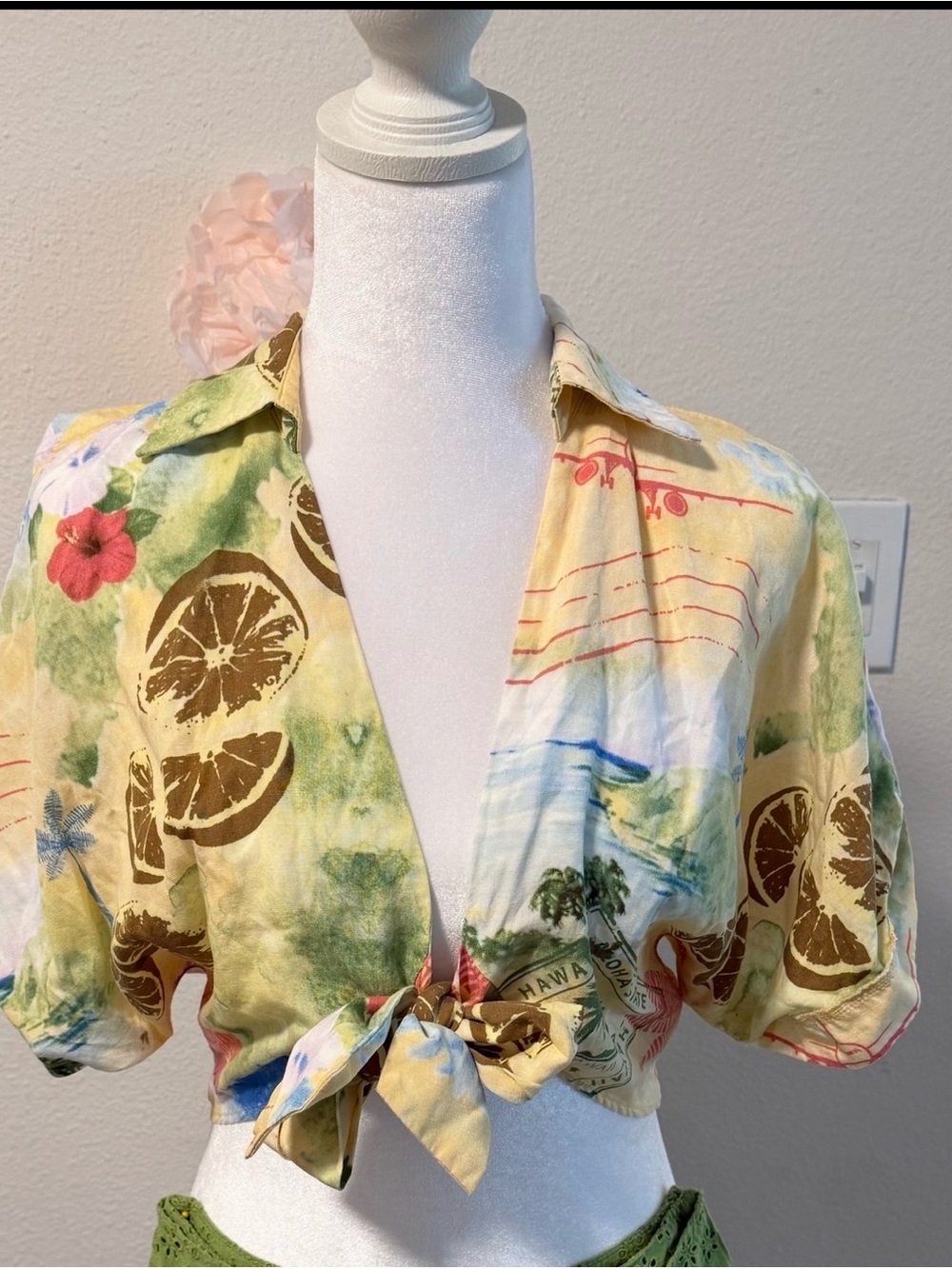 Forever 21 Yellow Tropical Tie-Front Crop Top